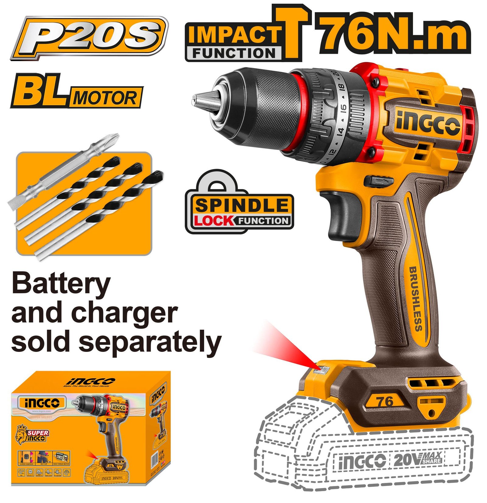 Ingco Compact Brushless Cordless Impact Drill 20V 20V 76NM - CIDLI207681
