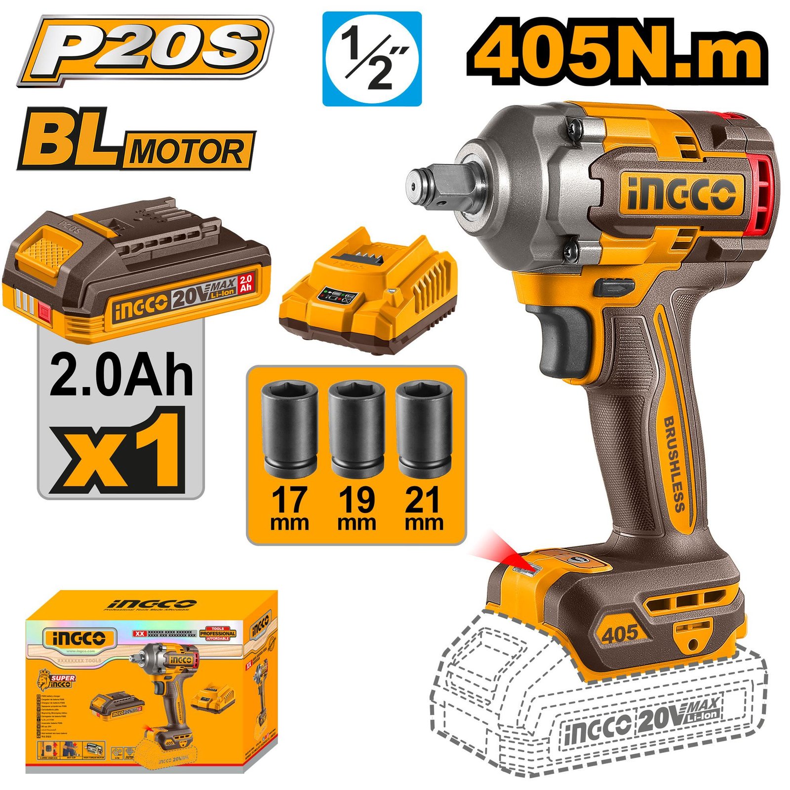 Ingco Cordless impact wrench 20V 20V 405NM - CIWLI20455