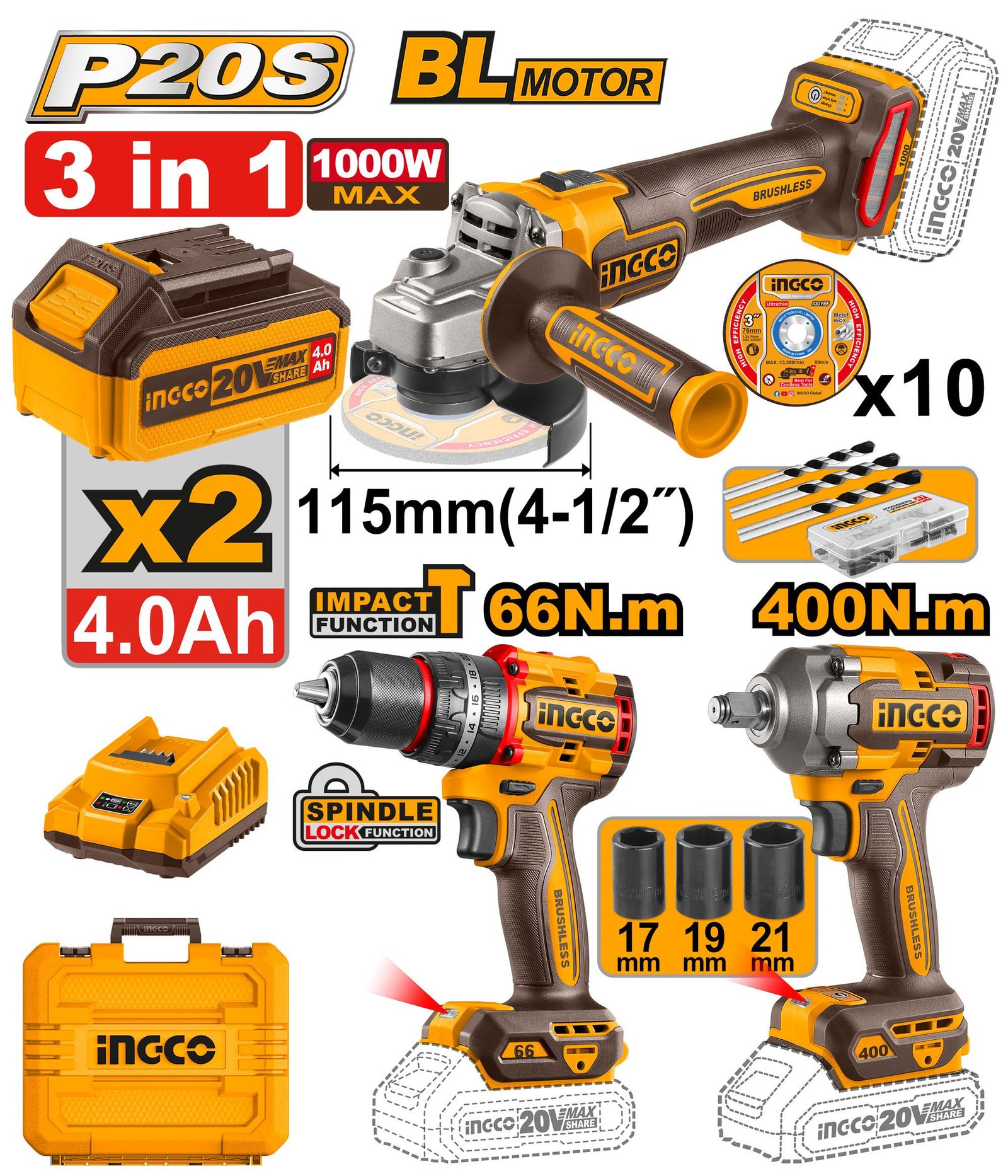 Ingco Cordless 3 pcs combo kit 20V - COSLI241291