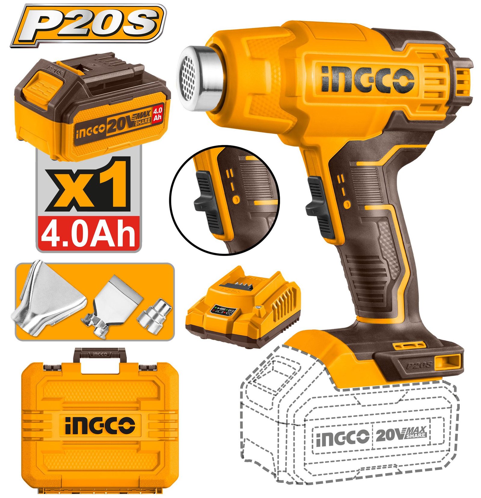 Ingco Cordless heat gun 20V - HGLI20025